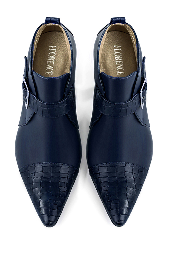 Navy blue women's ankle boots with buckles at the front. Tapered toe. High block heels. Top view - Florence KOOIJMAN
